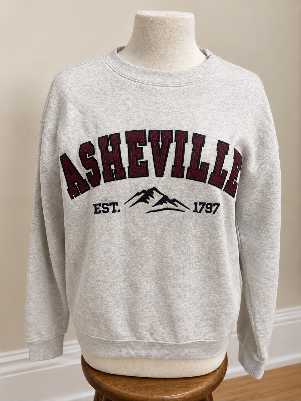 Asheville Gray Crewneck Sweatshirt with Burgundy Lettering